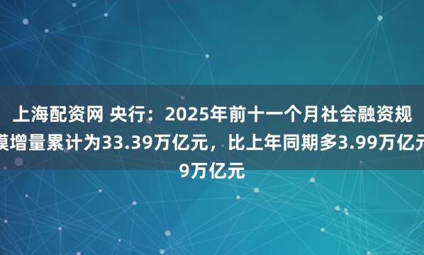 上海配资网 央行：2025年前十一个月社会融资规模增量累计为33.39万亿元，比上年同期多3.99万亿元